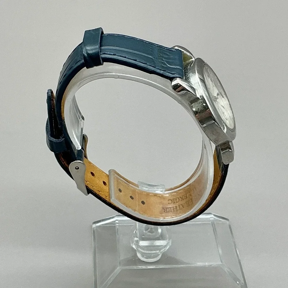 Talbots Watch Women Silver Tone Blue Leather Band Analog Quartz NEW BATTERY